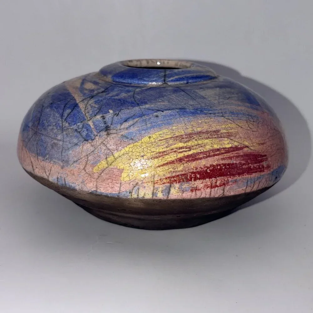 Handmade Raku Pottery Space Vessel Signed Ramons 1993 Abstract Studio Art Vase